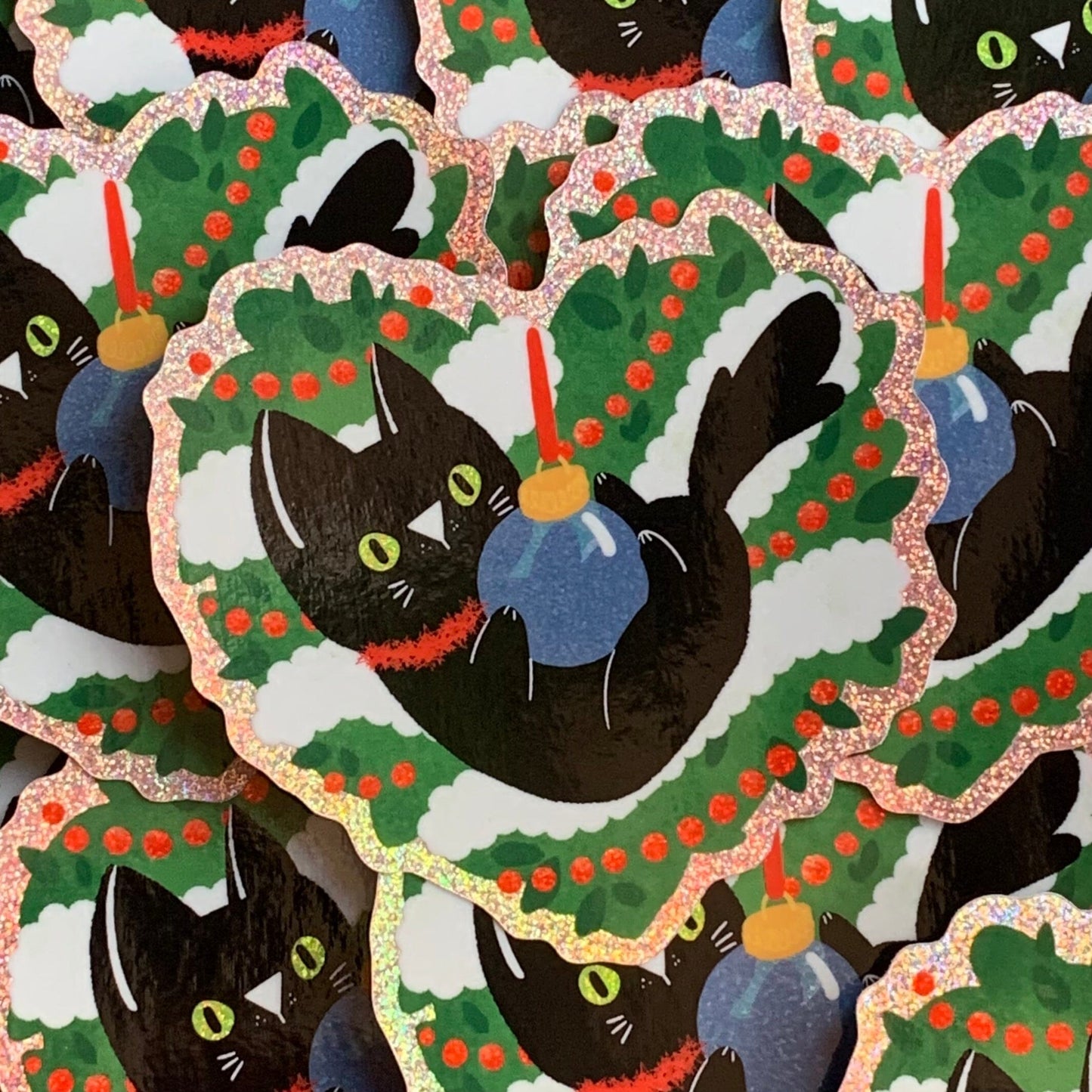 Kitty Holiday Bauble Glitter Sticker Sticker Ash Evans