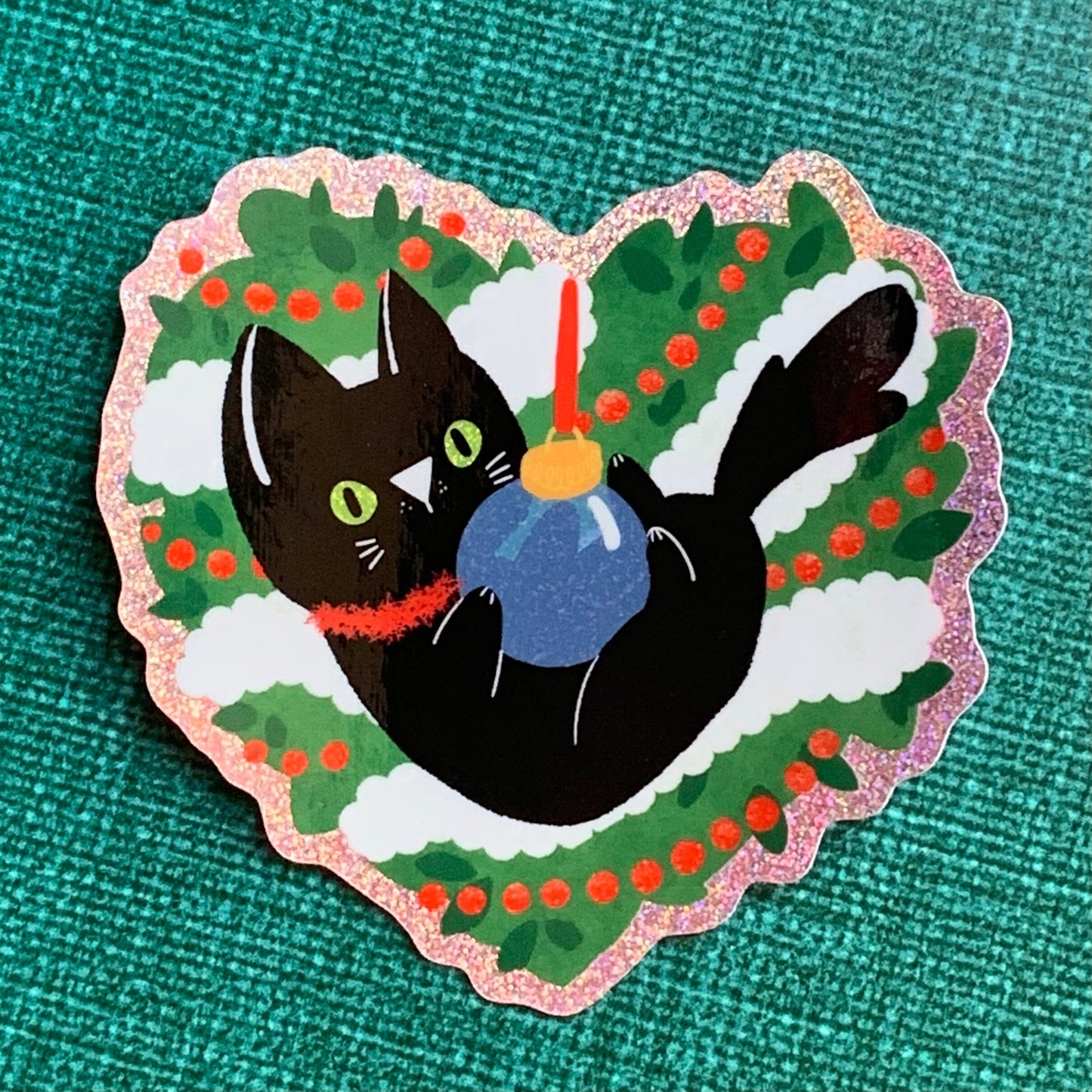 Kitty Holiday Bauble Glitter Sticker Sticker Ash Evans